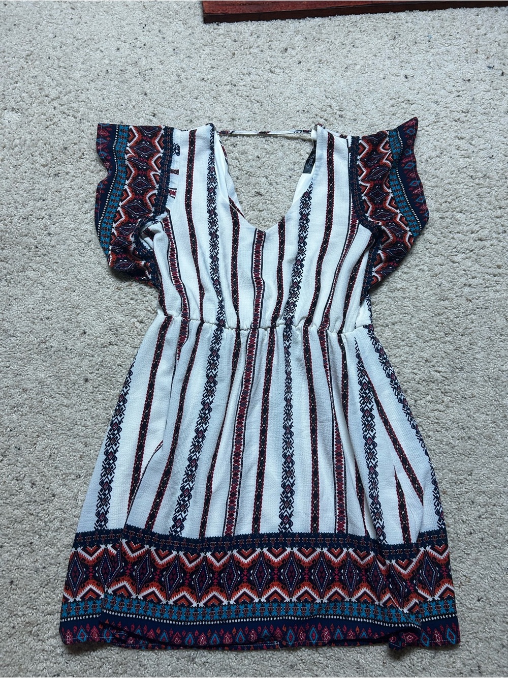 Boho Stripe Midi Dress in White with Navy & Rust